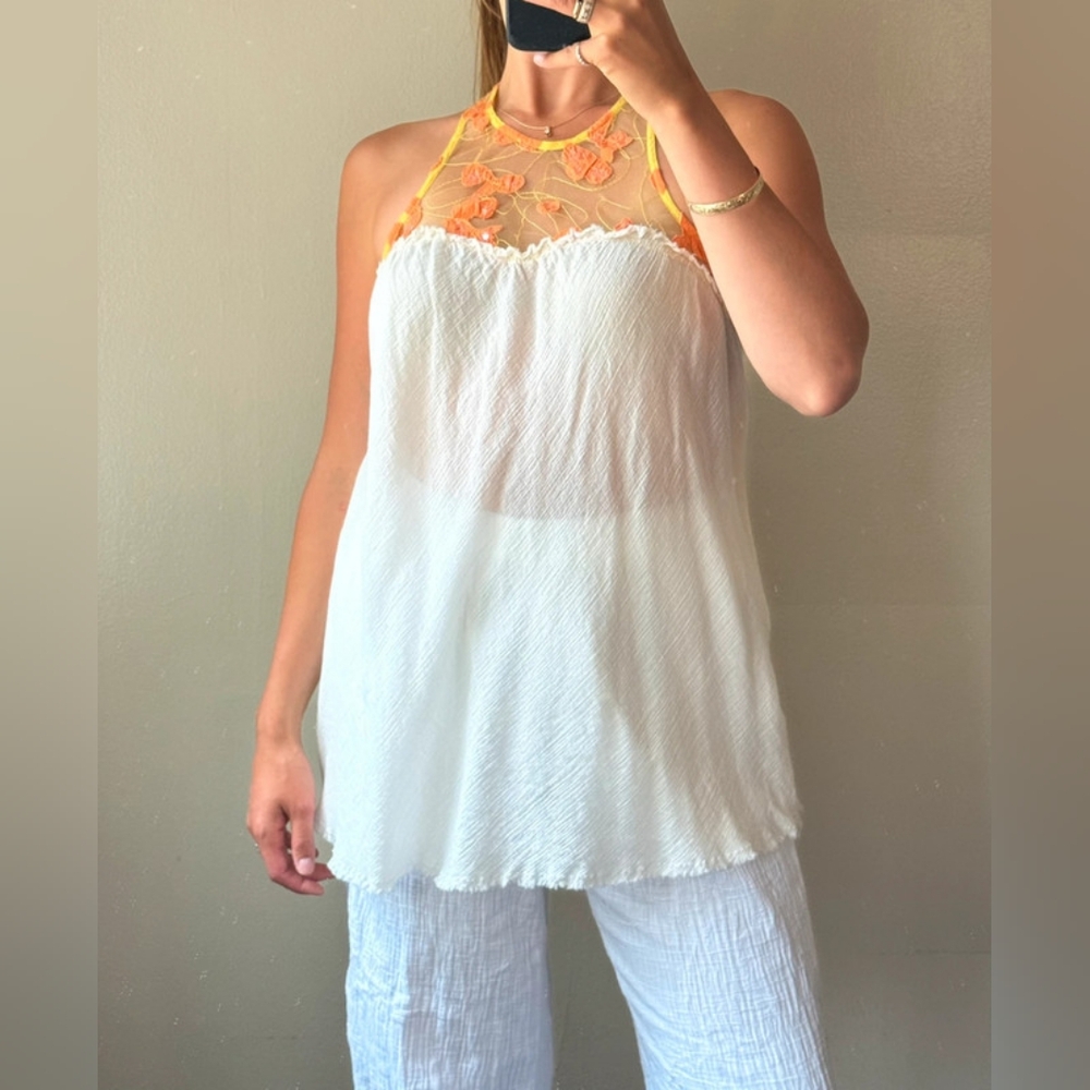 Free People Asymmetrical White and Orange Sleeveless Blouse